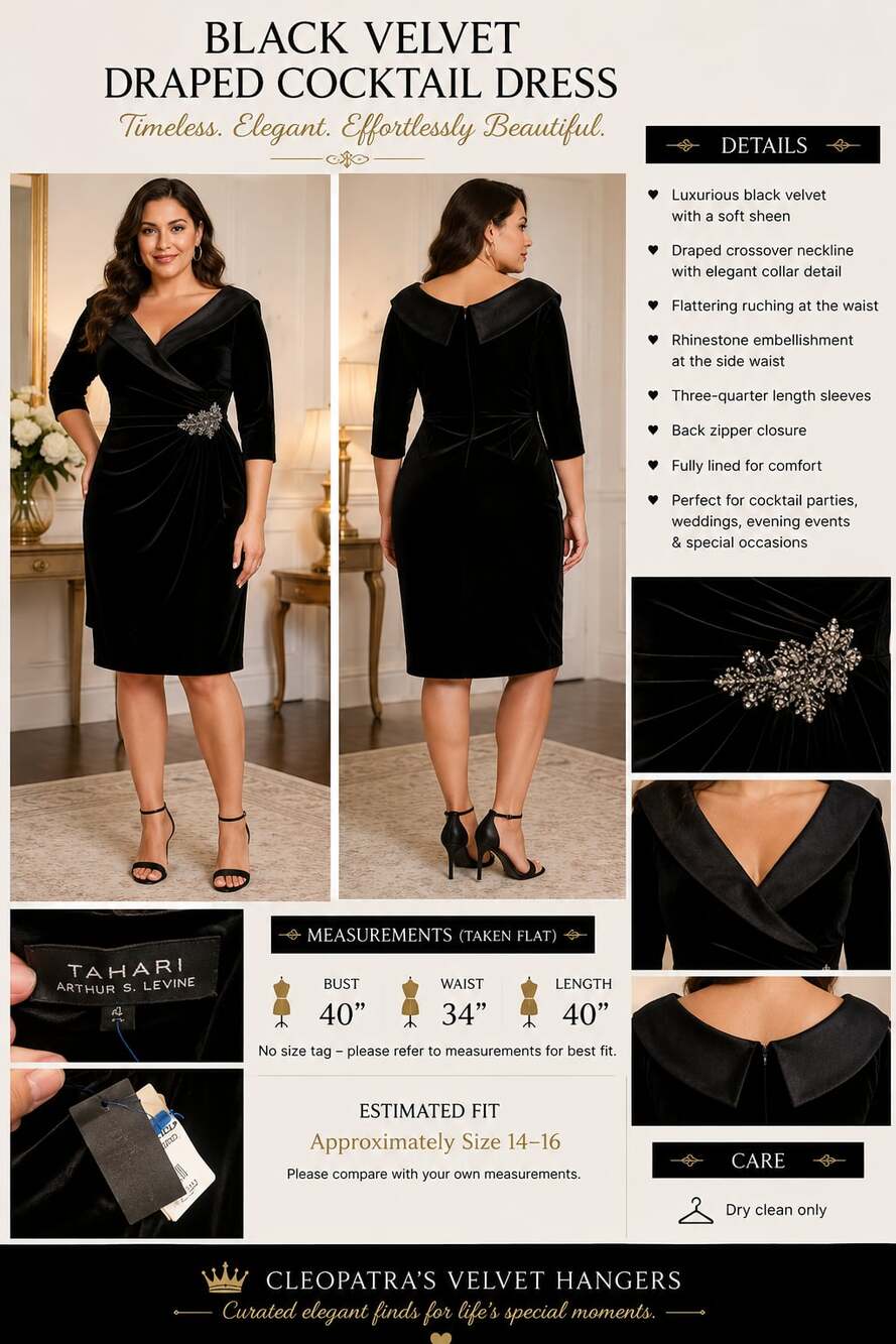 Tahari Arthur S. Levine Black Velvet Draped Cocktail Dress Size 14-16